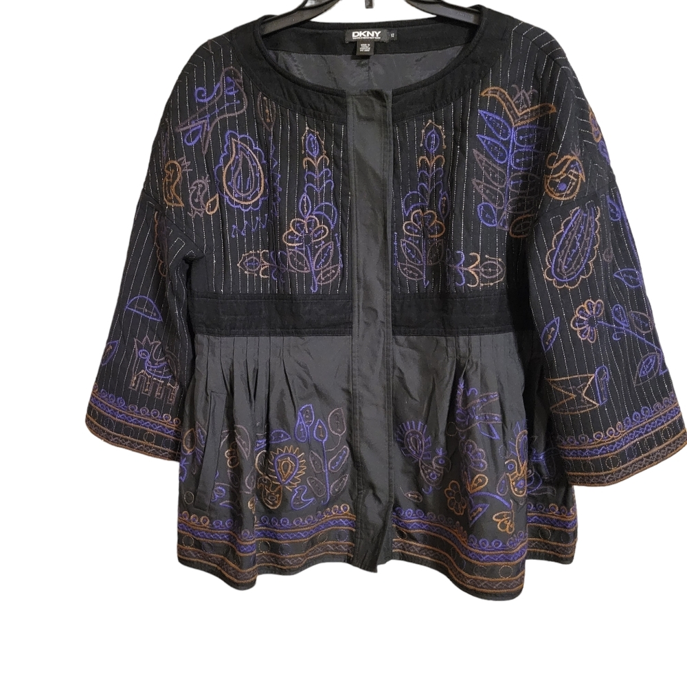 DKNY Black Jacket with Purple and Gold Embroidered Floral Accents